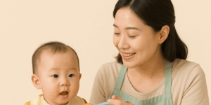 이유식 시작 시기와 단계별 이유식 가이드를 설명하는 인포그래픽 이미지