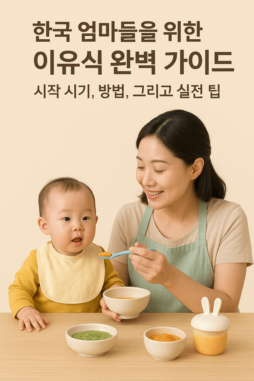 이유식 시작 시기와 단계별 이유식 가이드를 설명하는 인포그래픽 이미지