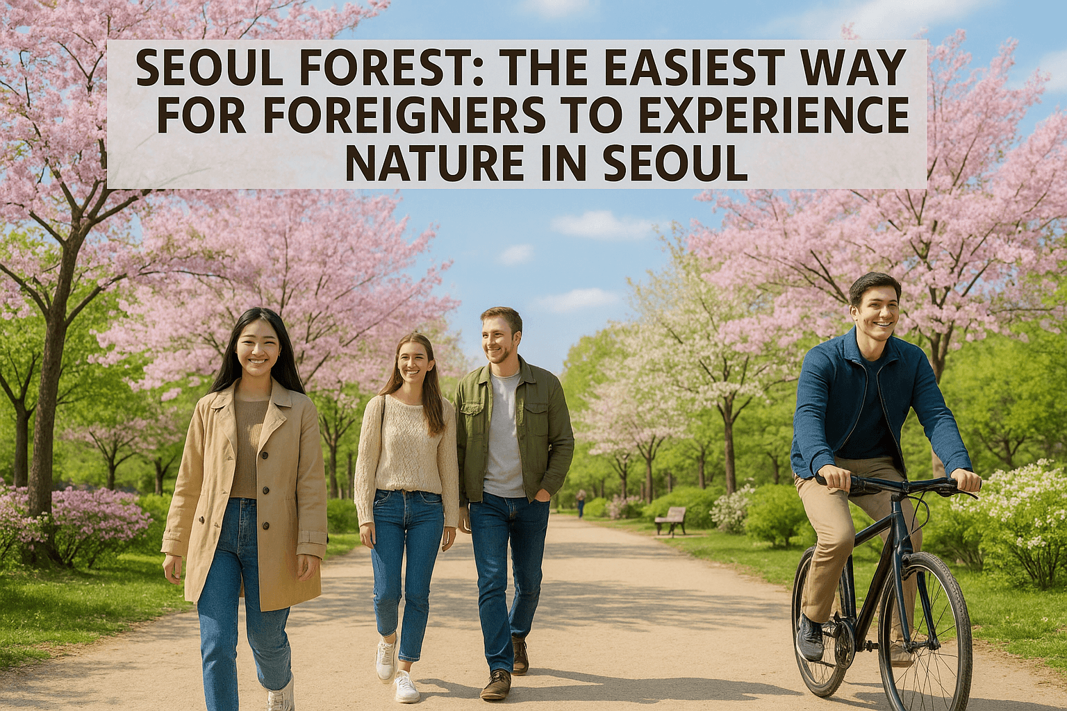 People enjoying a spring day at Seoul Forest, surrounded by cherry blossoms, lush greenery, and a calm park atmosphere in the heart of Seoul.