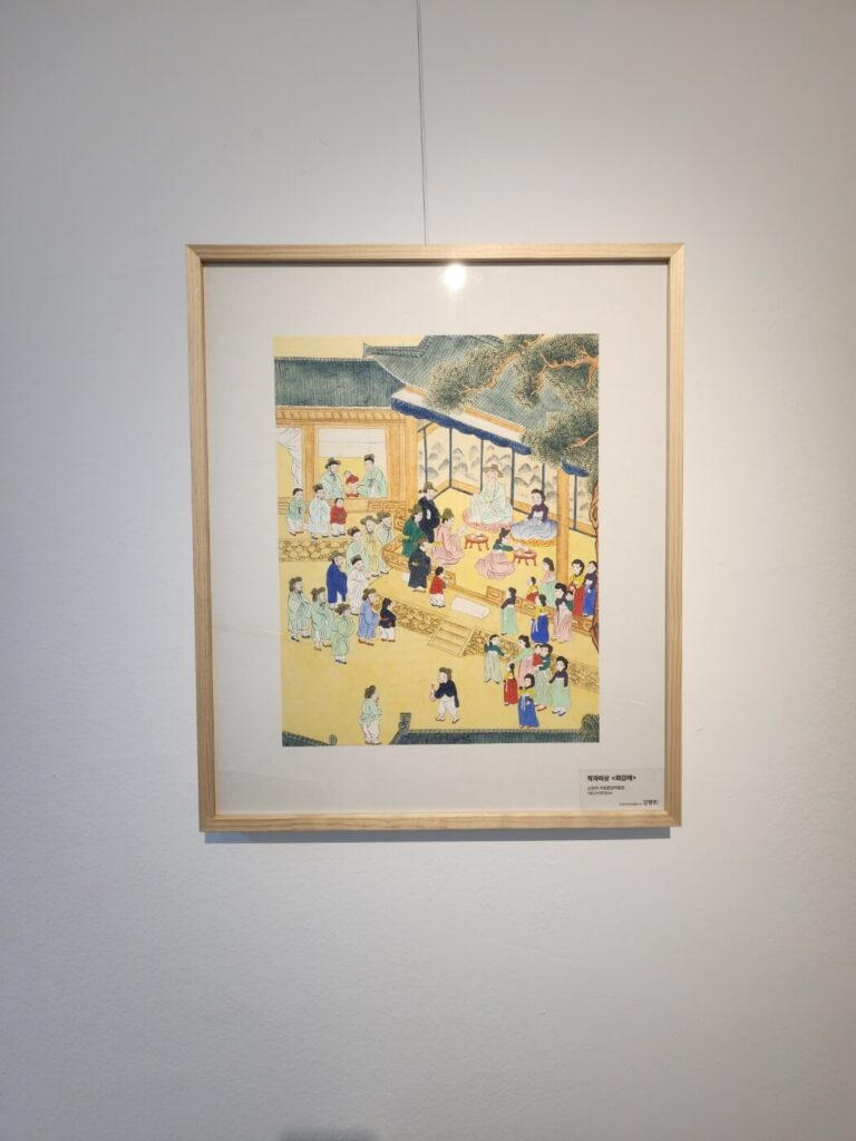 Traditional Korean artwork depicting food culture, displayed on the wall at Hansik Space E:EUM Seoul.