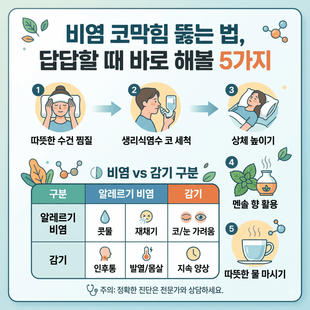 비염 코막힘 뚫는 법 5가지와 알레르기 비염 vs 감기 비교 인포그래픽